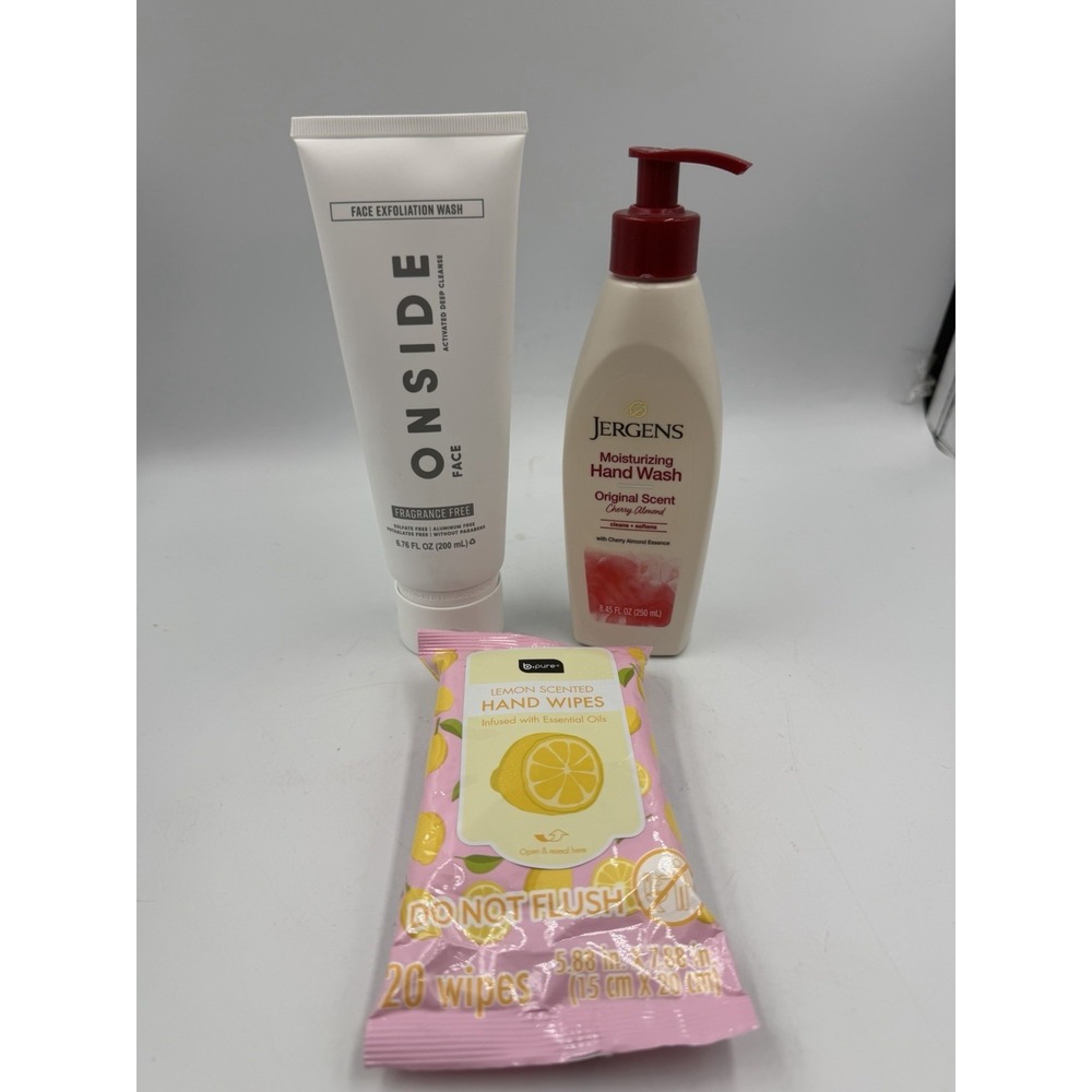 Onside Face Exfoliating Wash Fragrance Free 6.76 fl oz, Wipes, Jergens Wash LOT